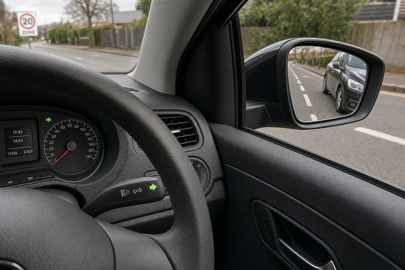 View from inside a car showing the dashboard, side mirror, and a 20 mph speed limit sign outside.