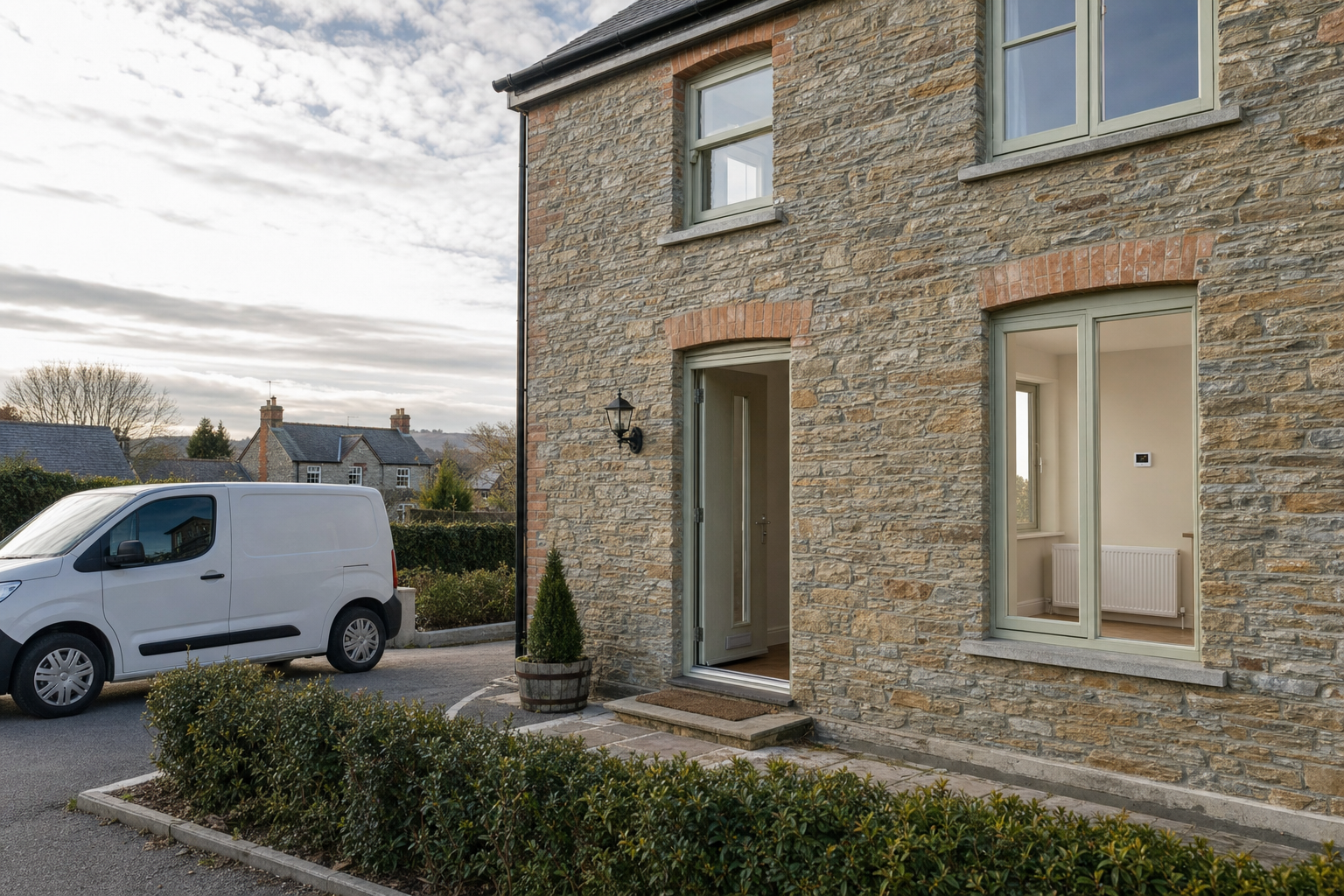 Stone house with open entry door and a white van parked nearby under a cloudy sky.