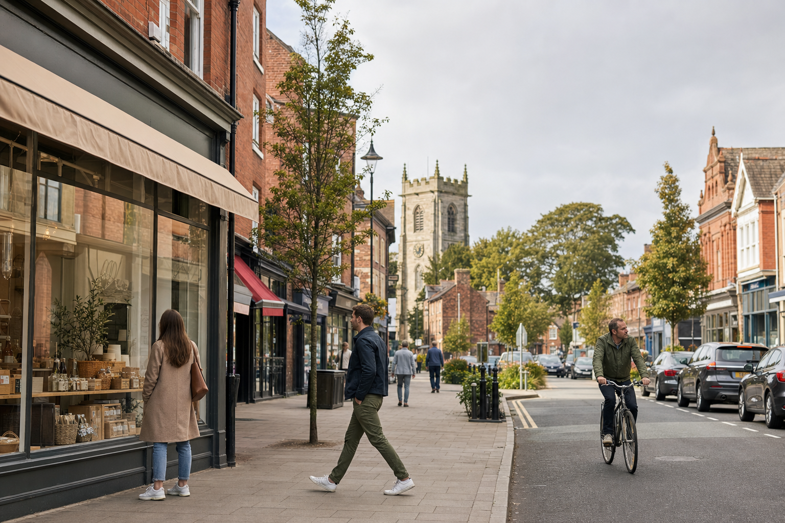 A cyclist and pedestrians navigate a quaint British high street with a historic church in the background.