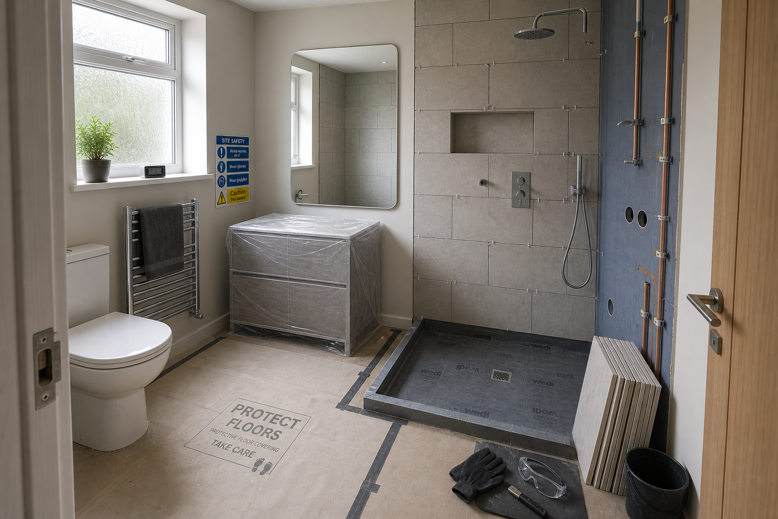 Modern bathroom under construction with tiles, a shower, and protective coverings, along with safety equipment on the floor.