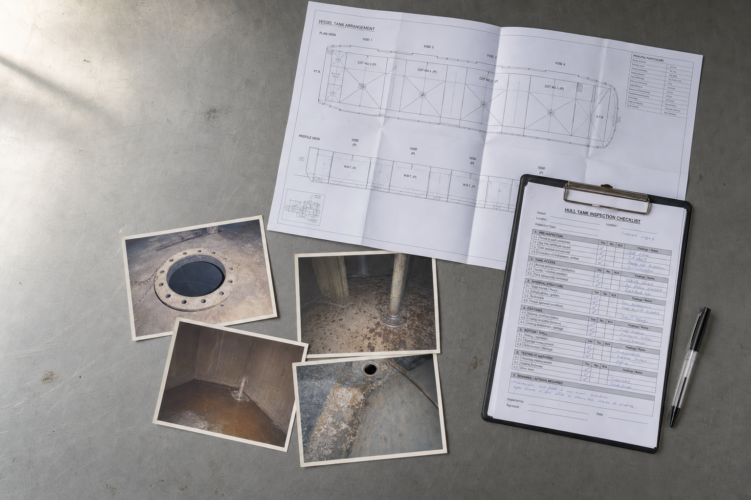 Engineering blueprints, inspection checklist, and photos of a tank inspection displayed on a metal surface.