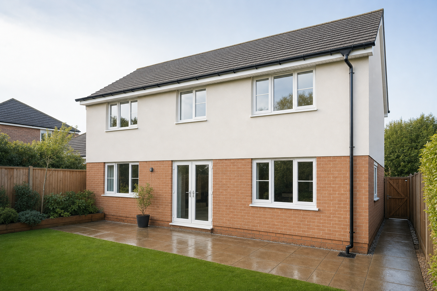 Modern two-storey house with a brick and render exterior, viewed from a neatly maintained garden.