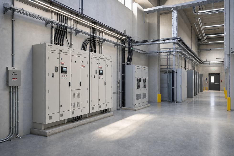 A clean, modern electrical room featuring switchgear cabinets and ceiling-mounted conduits.