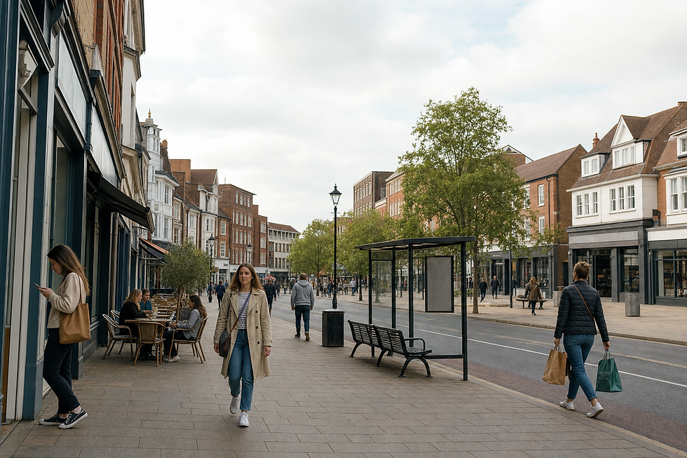 People walking and dining on a bustling high street lined with shops and trees, under a partly cloudy sky.