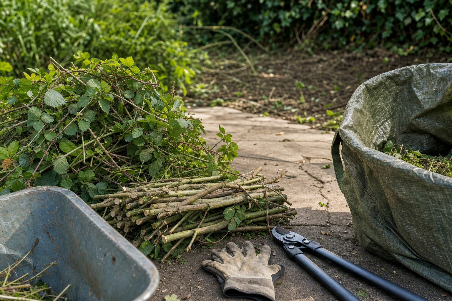Garden clippings and branches are gathered next to a wheelbarrow, gloves, and a pair of pruning shears on a paved path.