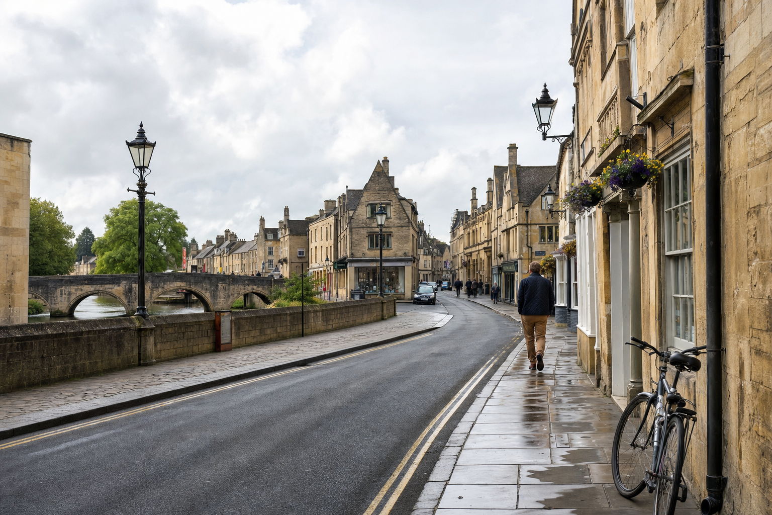 A historic street in the Cotswolds with stone buildings, a bridge, and a man walking past a parked bicycle.