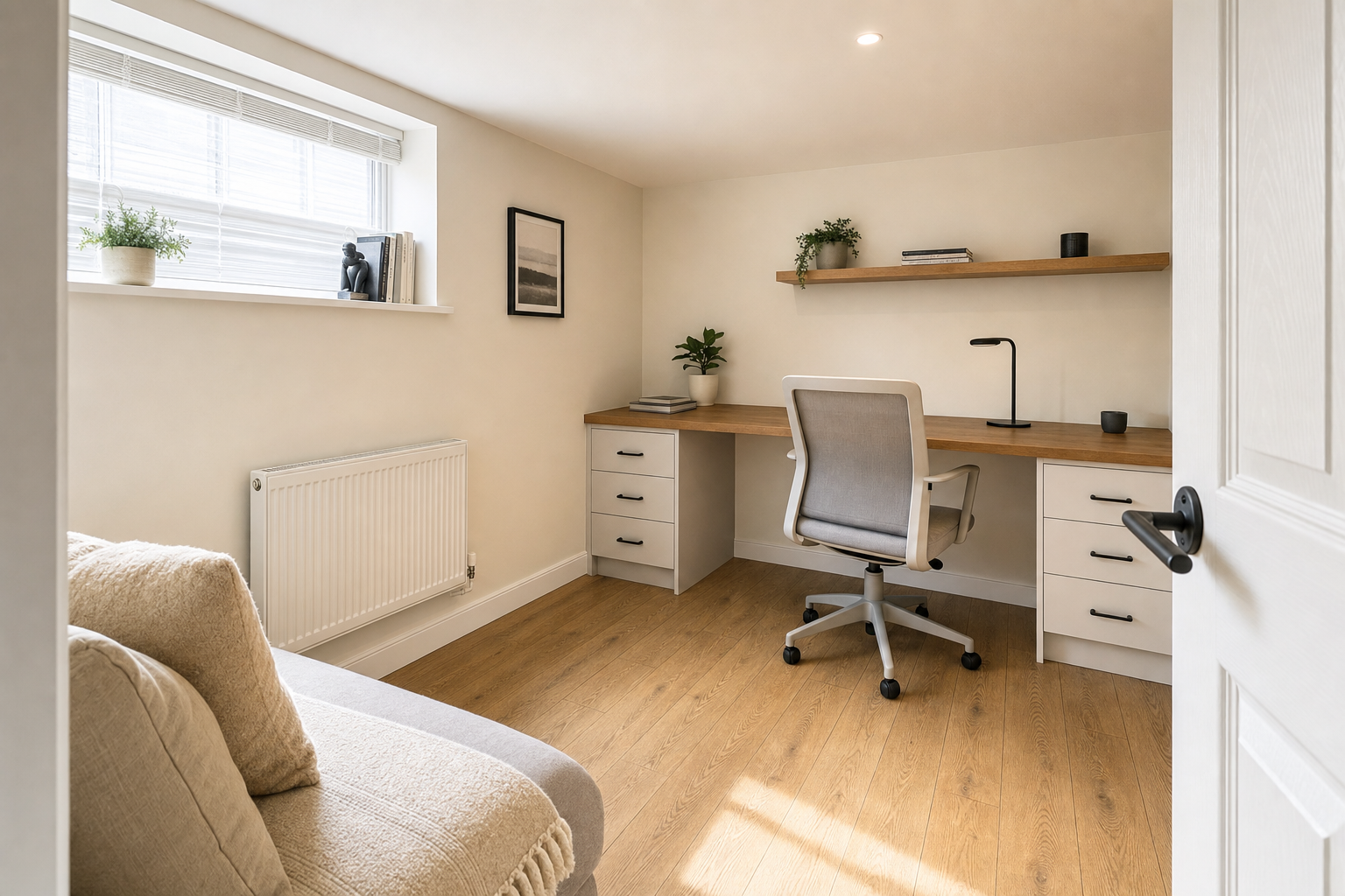 Minimalist home office with a wooden desk, swivel chair, and shelves, featuring a large window providing natural light.