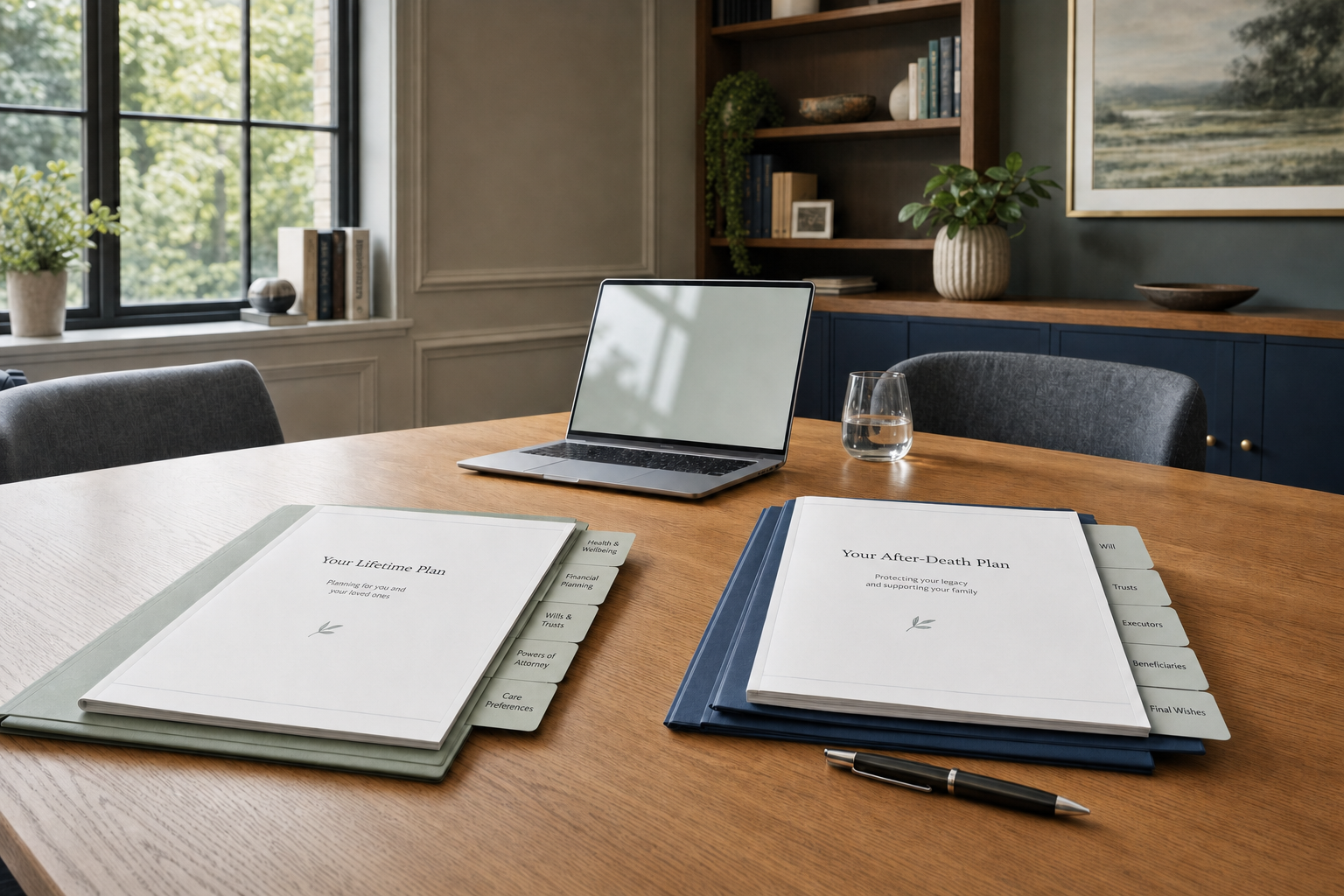 Open laptop and planning documents on a wooden table in a modern office setting.