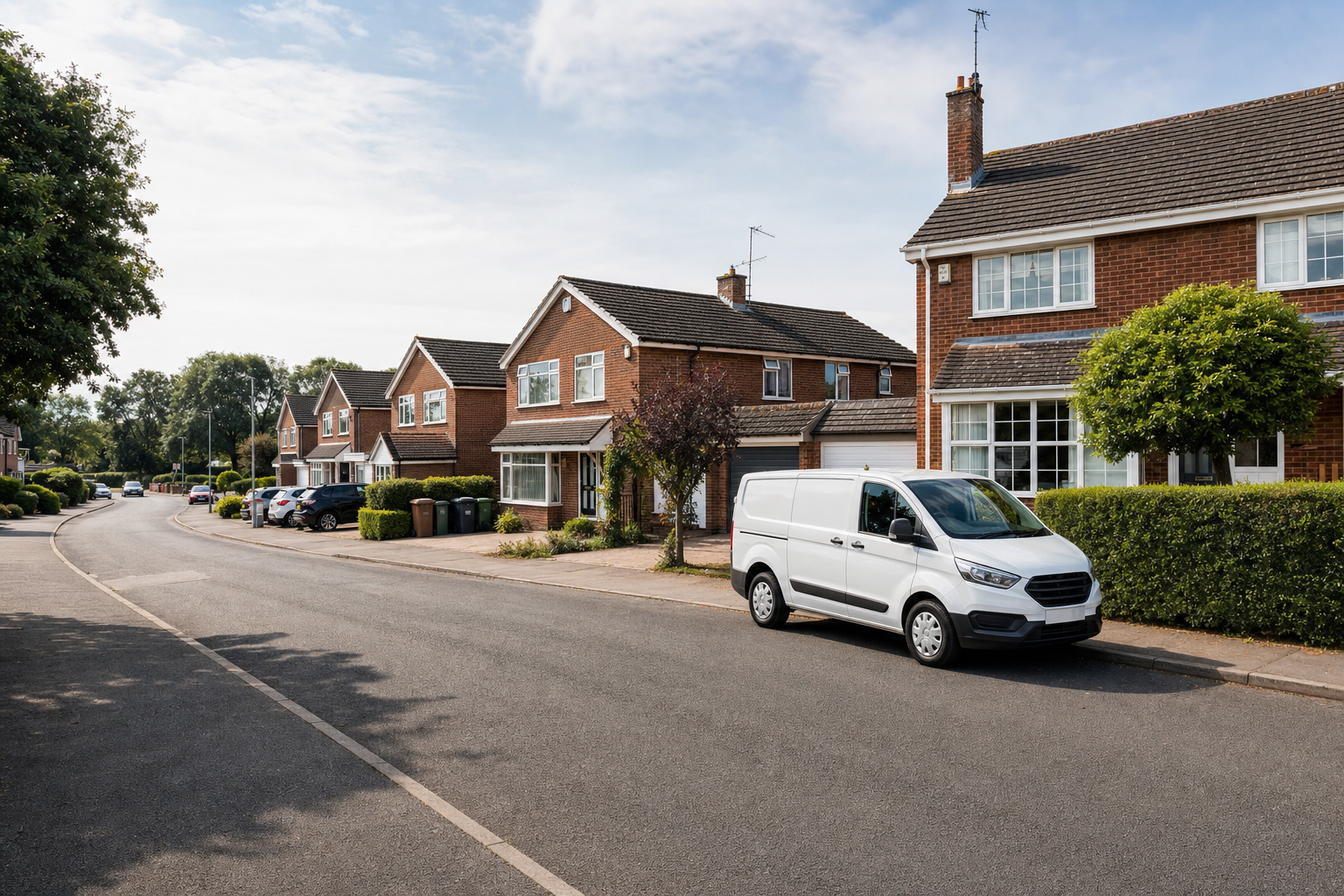 A white van parked on a suburban street lined with red-brick houses and lush greenery under a partly cloudy sky.
