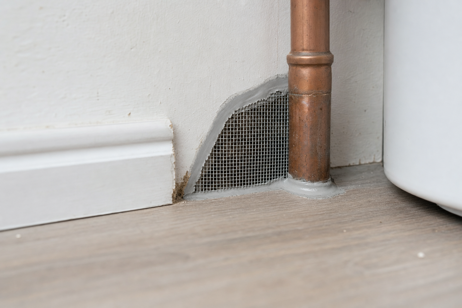 A copper pipe runs through a wall with a mesh-covered opening, sealed with grey material, next to a skirting board on a wooden floor.