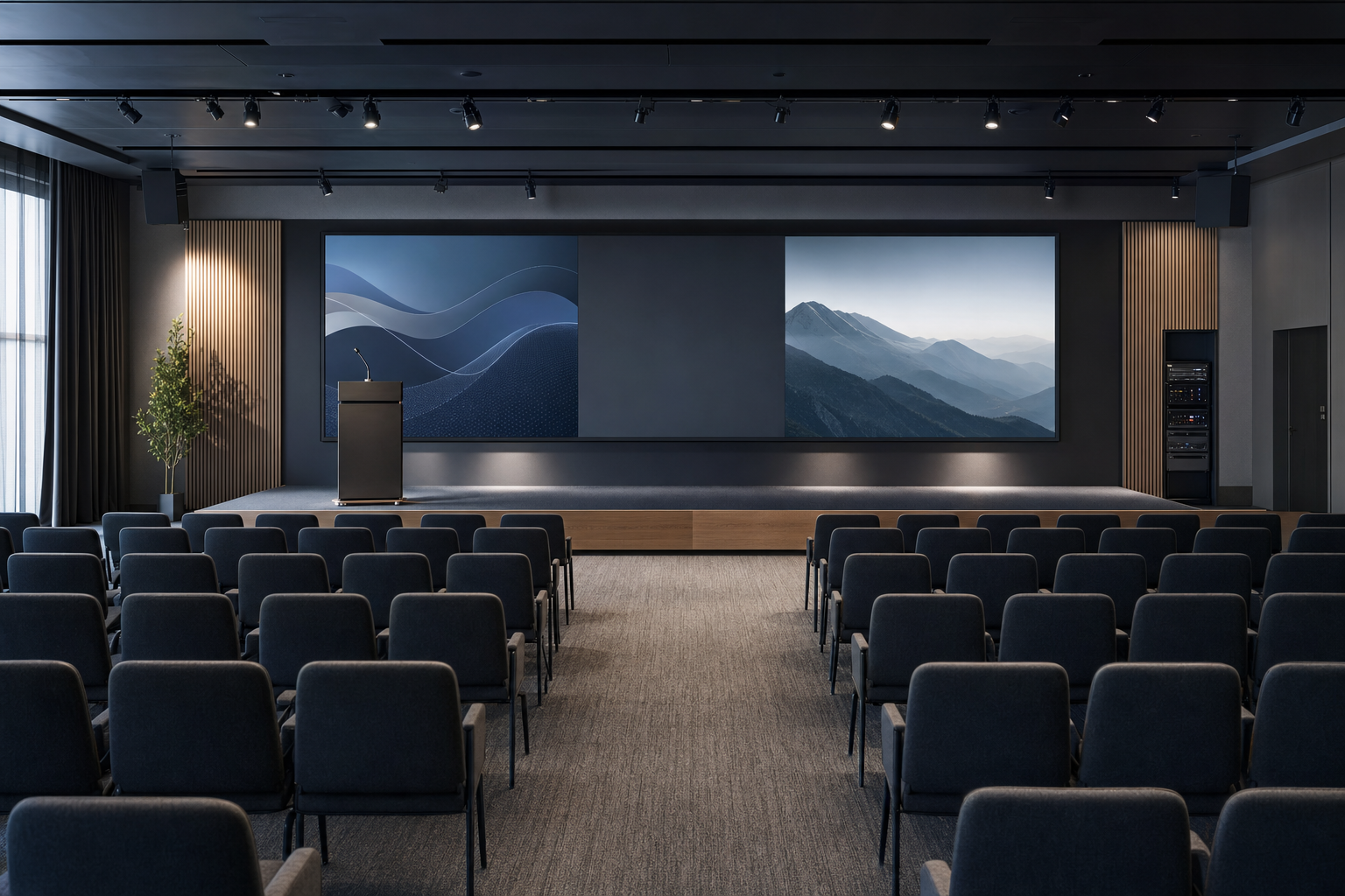 An empty conference room with rows of chairs facing a stage featuring a podium and large screens displaying scenic images.