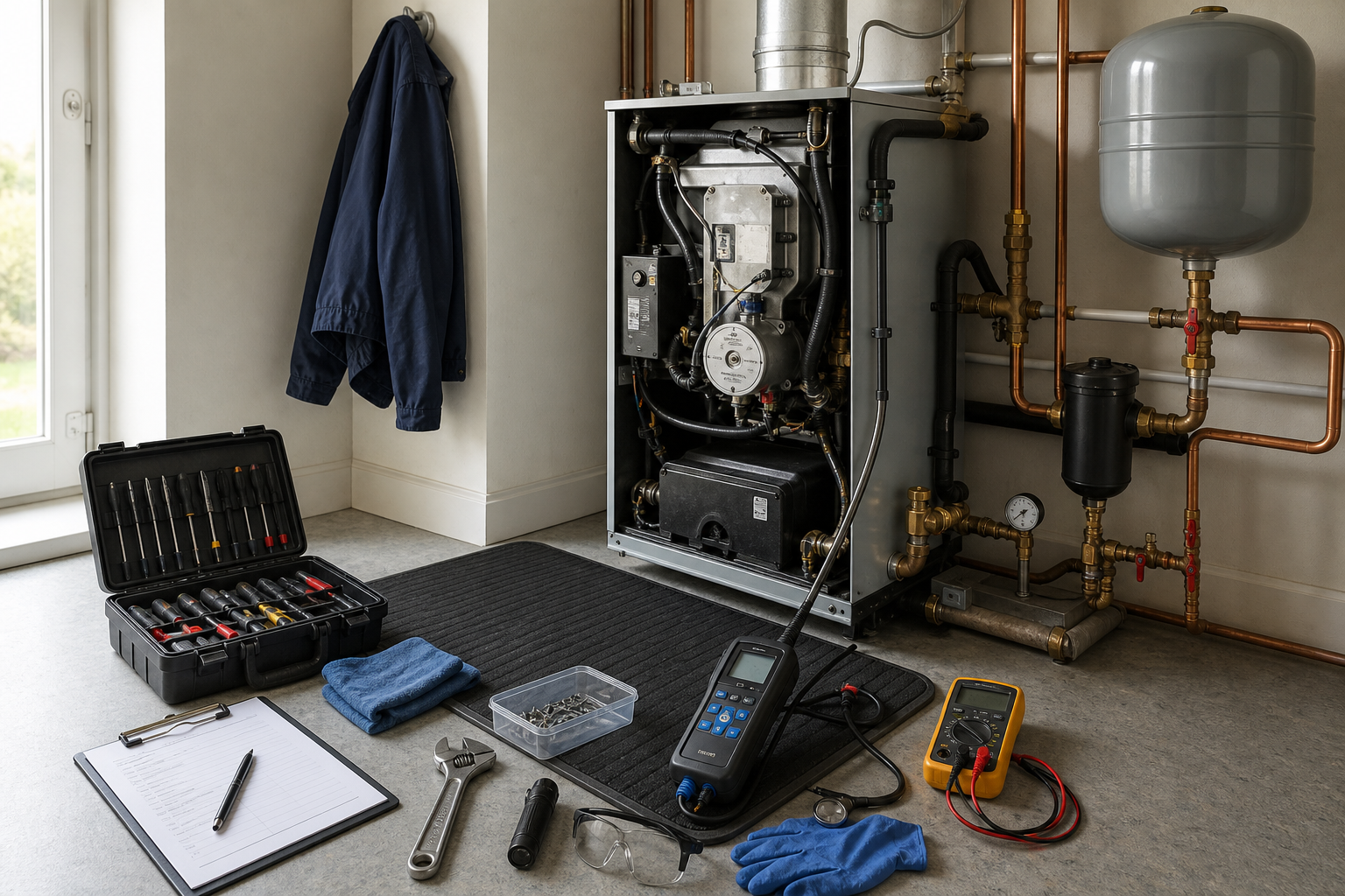 Gas boiler being serviced with tools and equipment laid out.