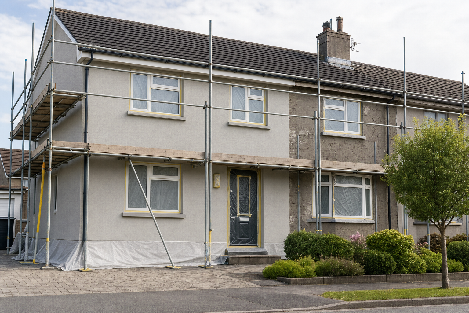 A two-storey house with scaffolding and partially uncovered facade, suggesting ongoing renovations.