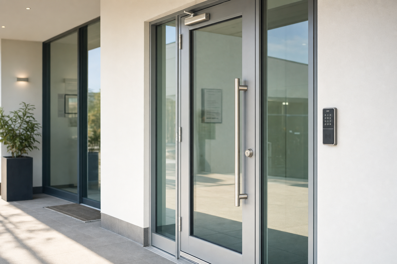 Modern glass entrance door with keypad access and a potted plant on the left.