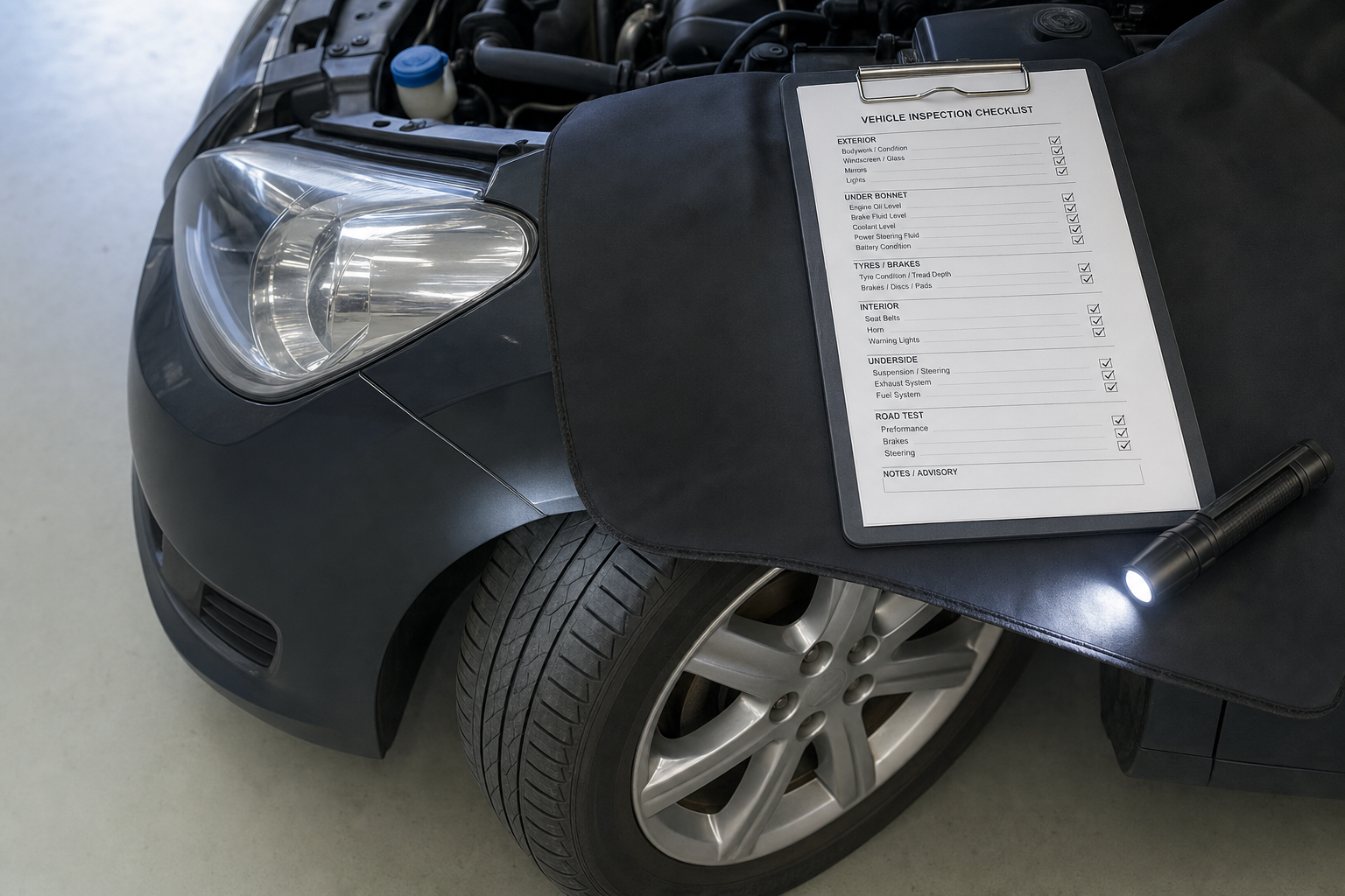 Vehicle bonnet with a clipboard checklist and torch, indicating a car inspection in progress.