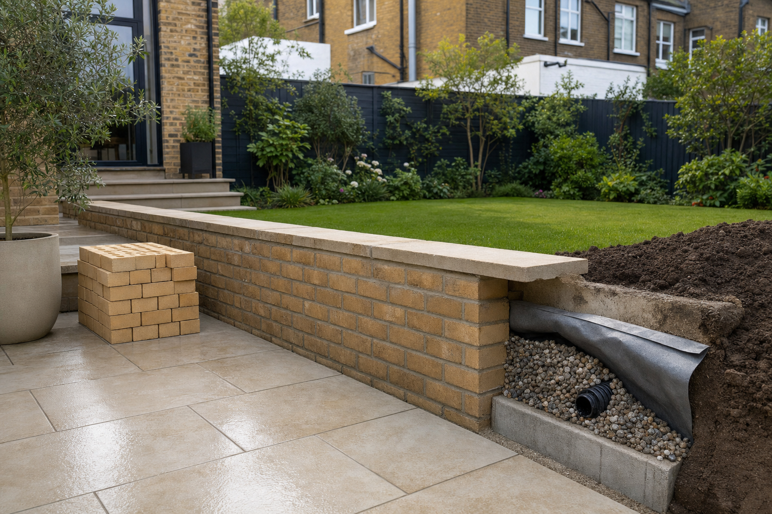 Modern paved garden with a stack of bricks, a low brick wall, and visible drainage system.