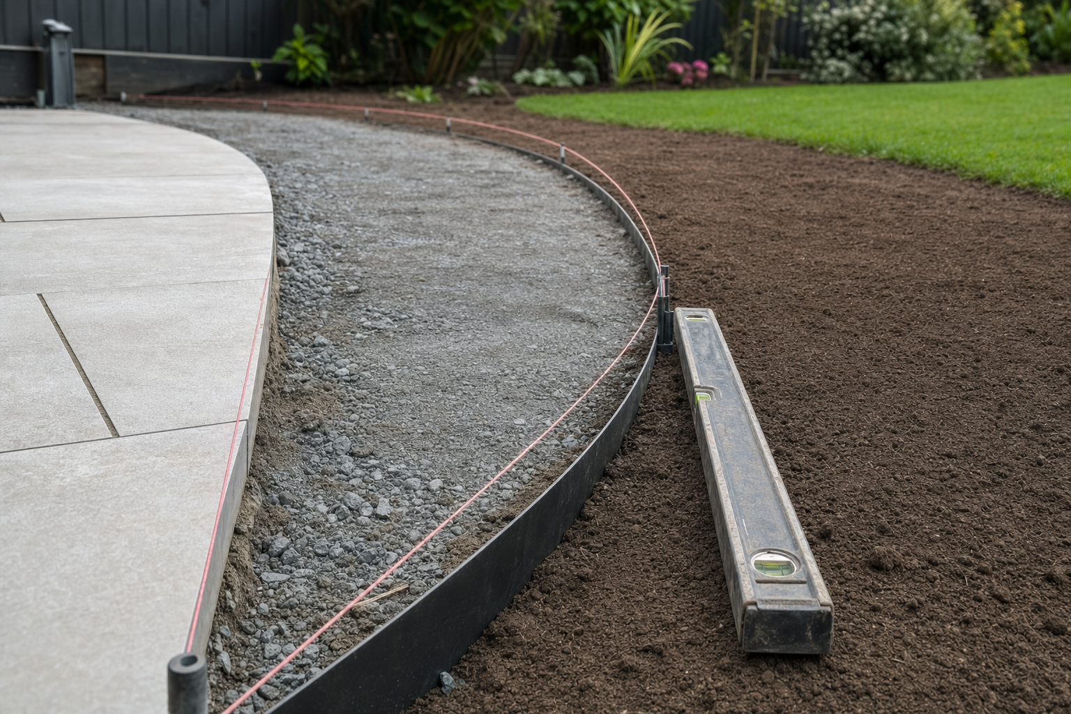 Garden under construction with level tool next to a curved concrete patio and freshly prepared soil.
