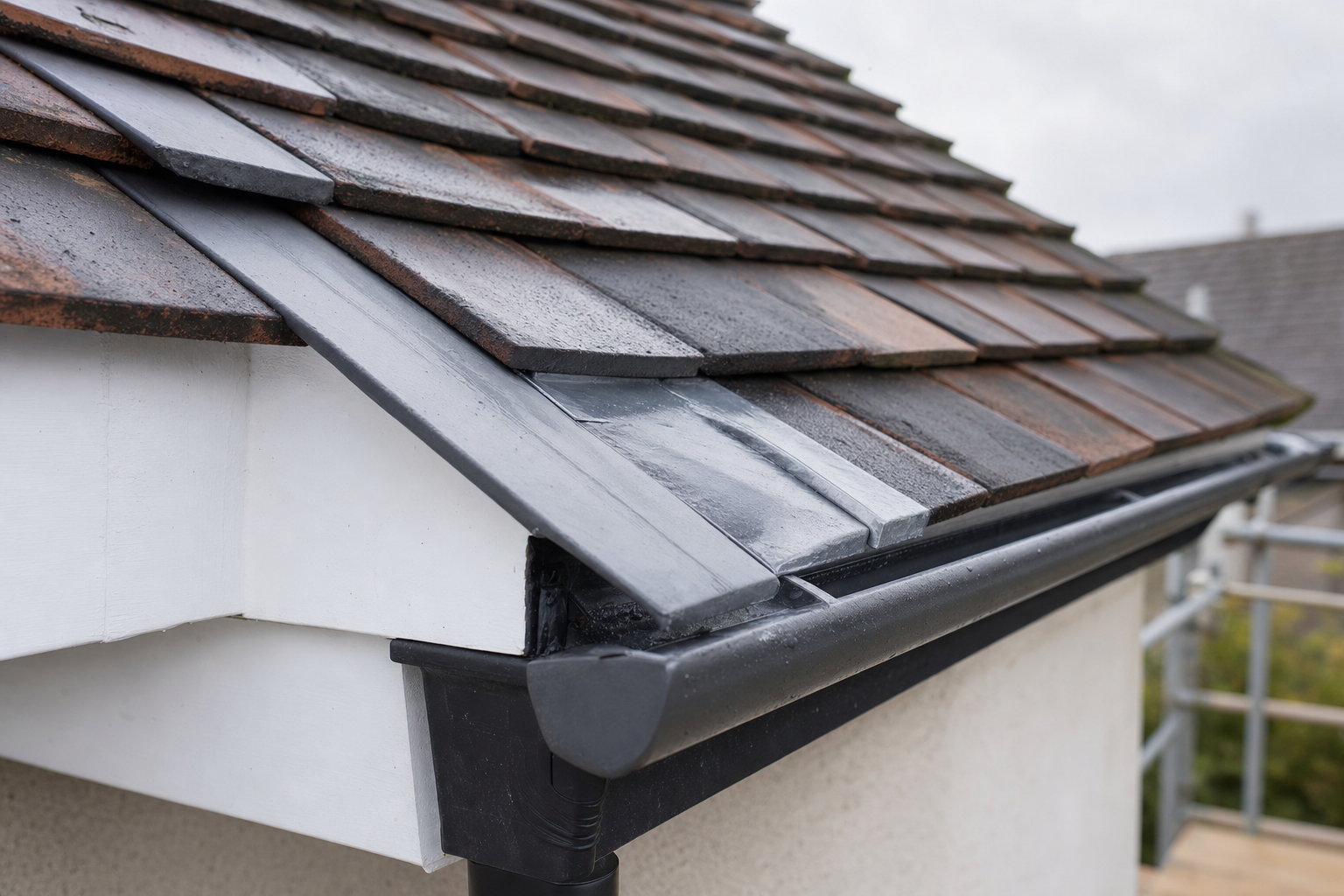 Close-up of a sloped roof with wet tiles and a black gutter on a rainy day.