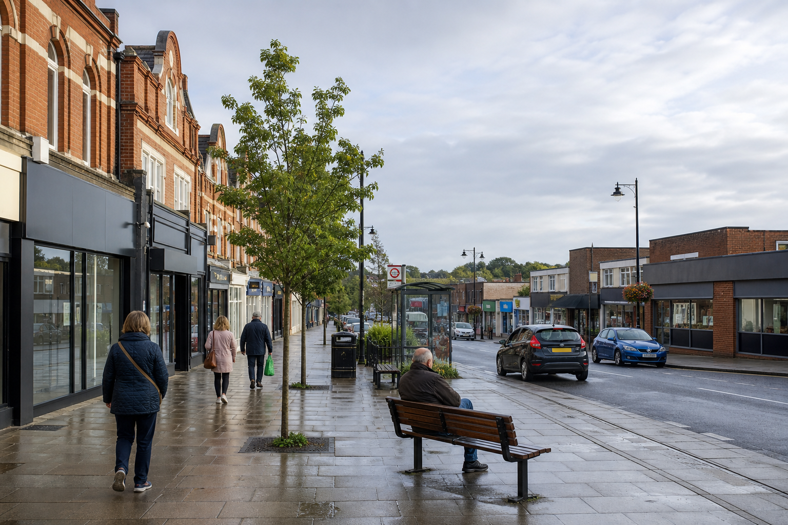 People walking along a wet pavement lined with shops and a man sitting on a bench in a small town street.