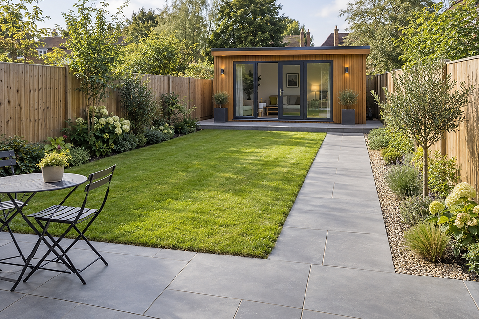 A modern garden office with a glass door, surrounded by lush greenery and a neatly landscaped lawn.