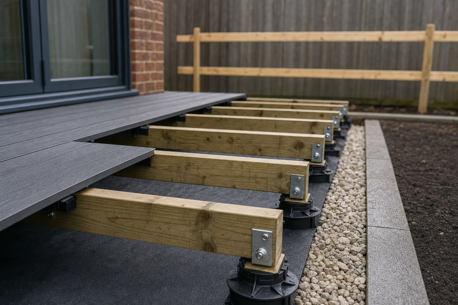 Construction of an outdoor composite deck showing exposed timber joists mounted on adjustable pedestal feet.