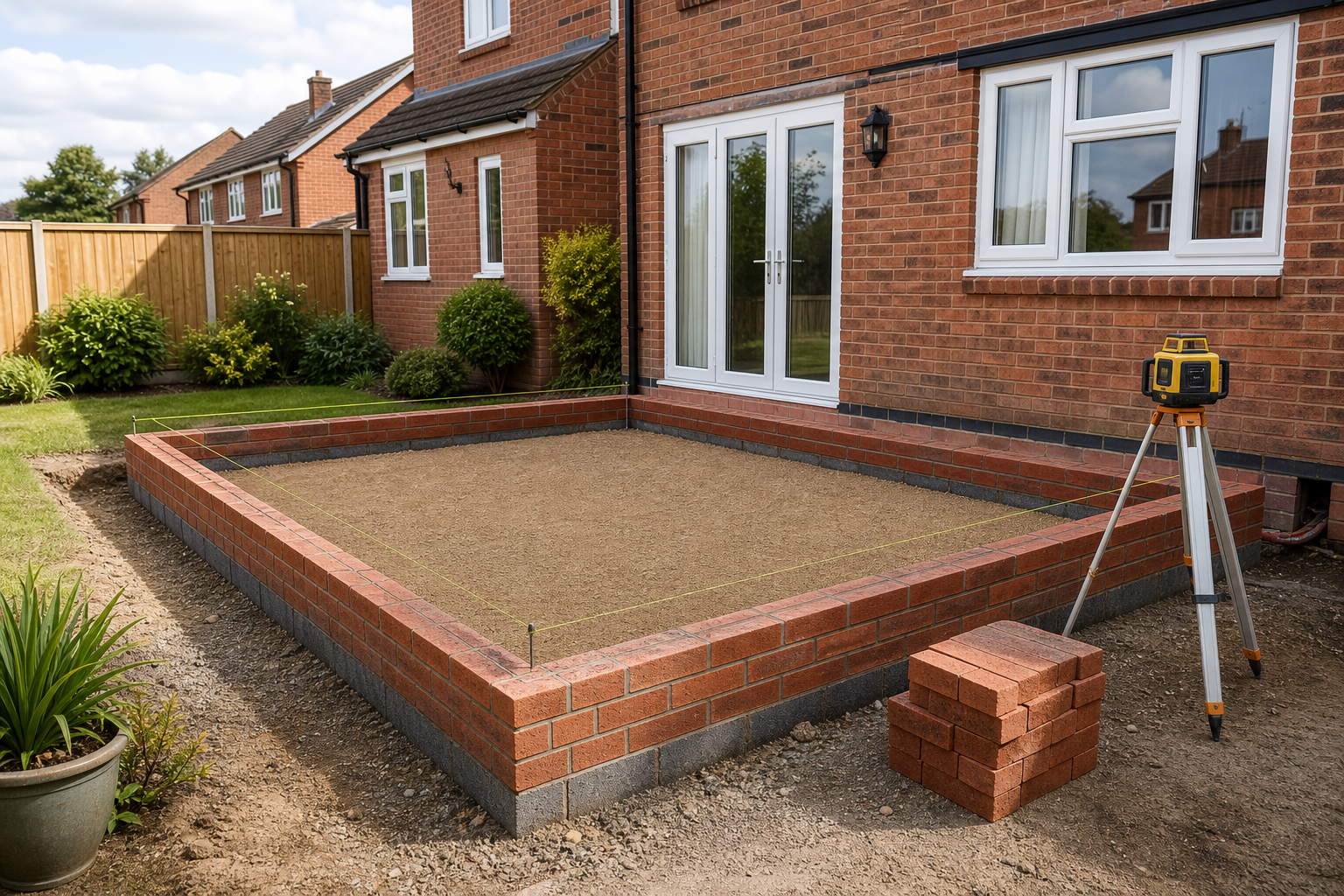 Brick foundation laid for a garden room extension beside a red brick house, with a builder's level on a tripod.
