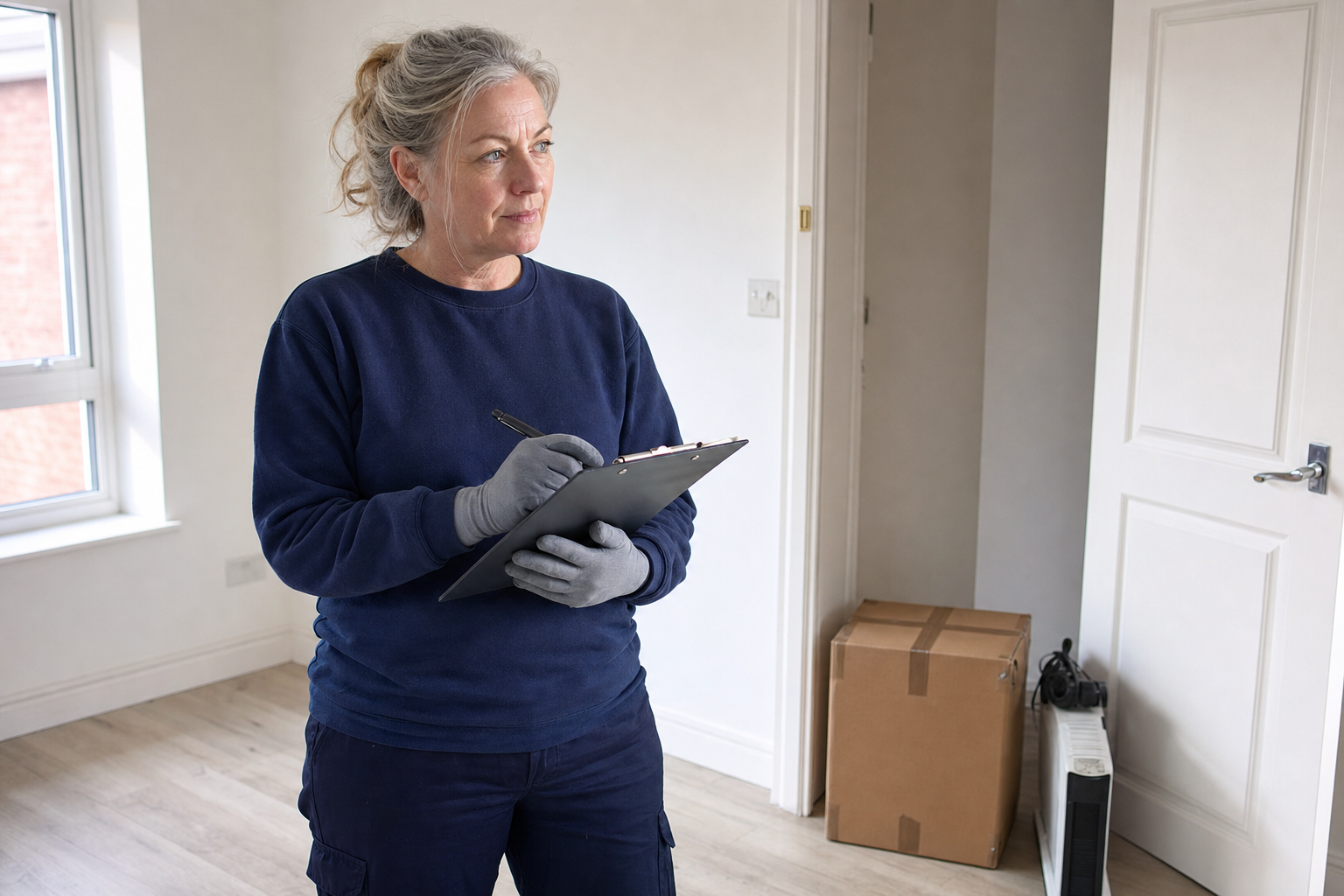A woman wearing gloves holds a clipboard, standing in a sparsely furnished room next to a cardboard box.