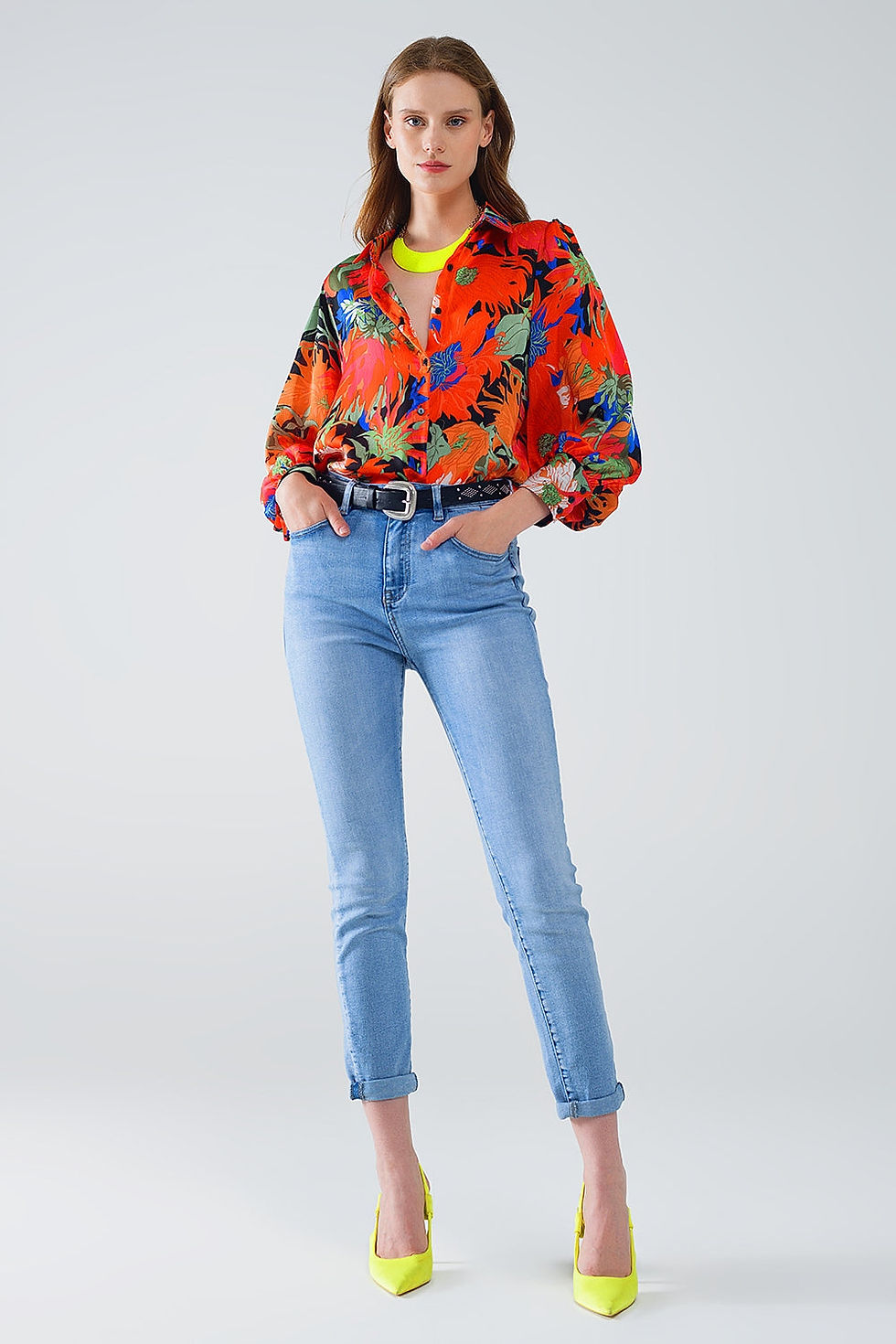 Thumbnail: Floral Balloon Sleeves Chiffon Shirt in Black