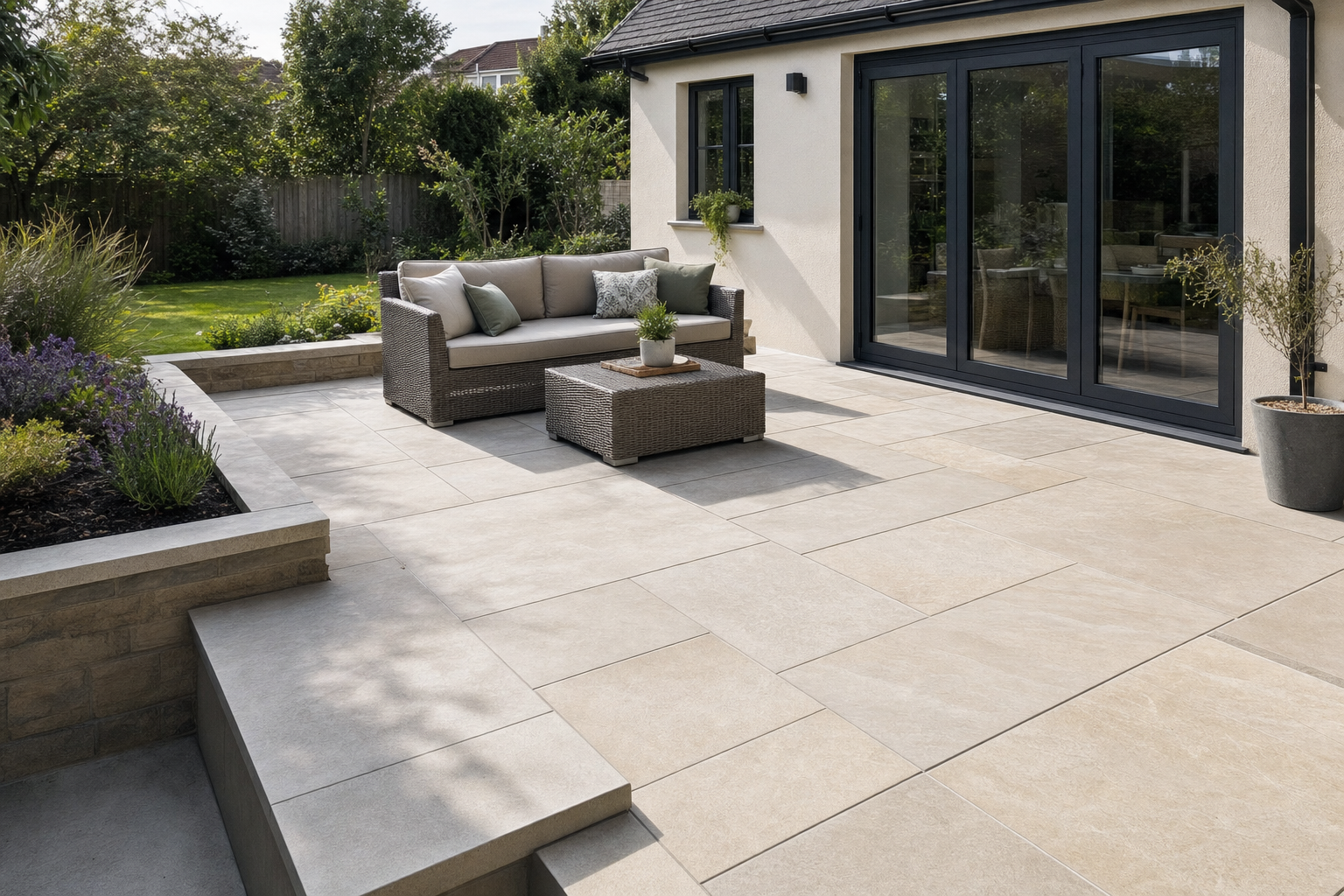 Modern patio with beige tiles, outdoor sofa, coffee table, and garden view in a sunlit setting.