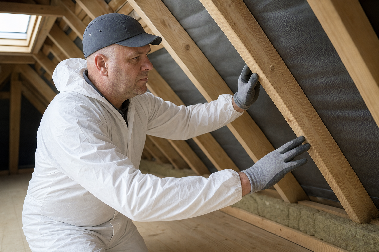 A man in protective clothing inspects wooden rafters inside an attic.