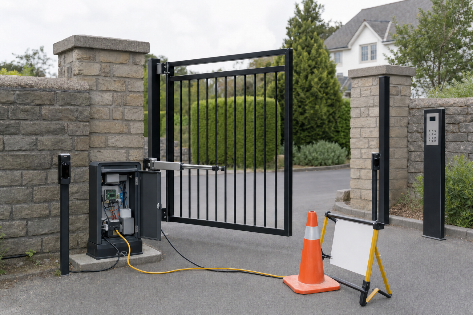An open driveway gate being repaired, with a traffic cone and an equipment cabinet visible.