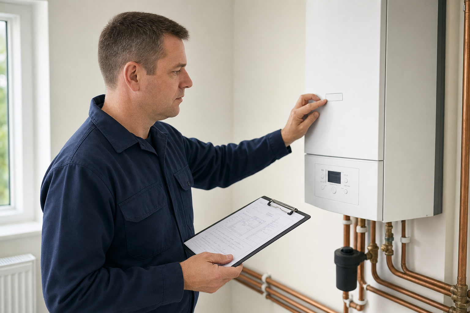 Engineer inspecting a boiler and taking notes on a clipboard in a utility room.