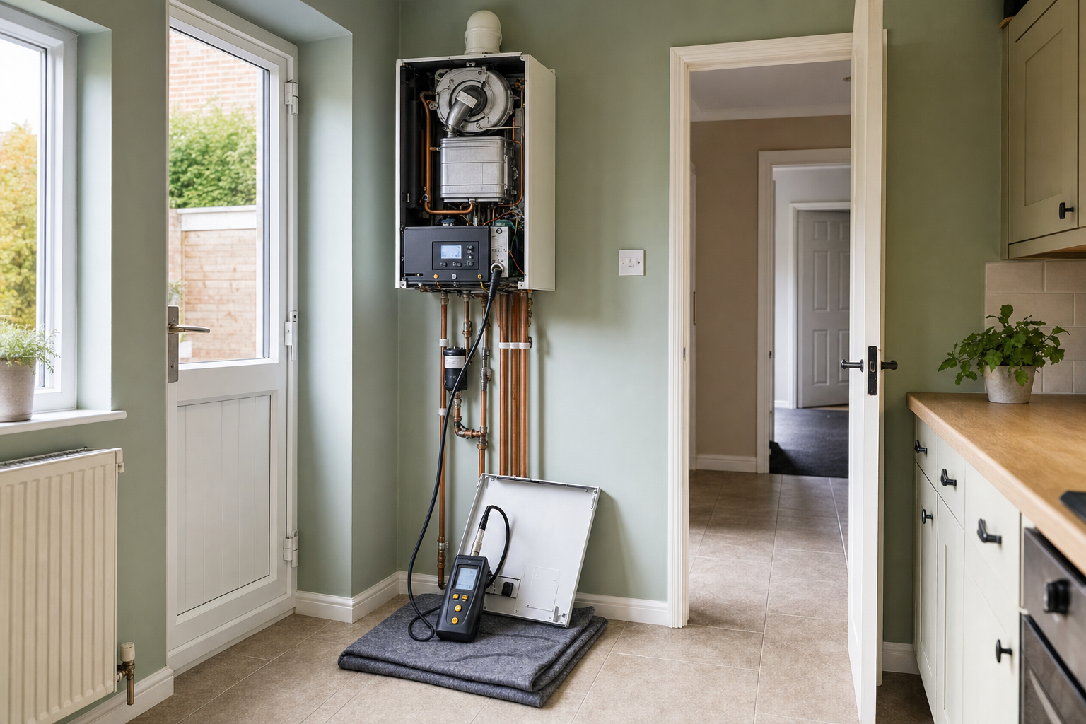 A boiler with exposed components is being serviced in a modern kitchen with light green walls.
