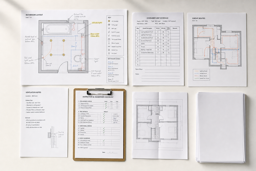 Various architectural and electrical layout plans and a checklist are arranged on a white surface.