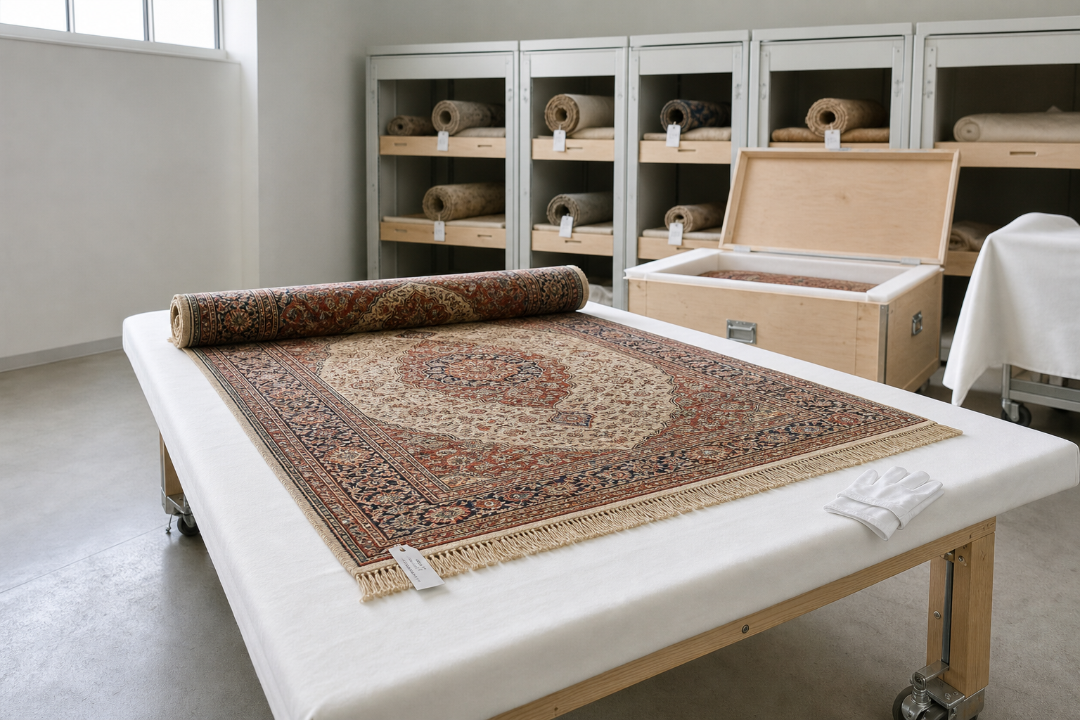 A detailed Persian rug partially unrolled on a table in a storage room with rolled rugs on shelves and a wooden crate nearby.
