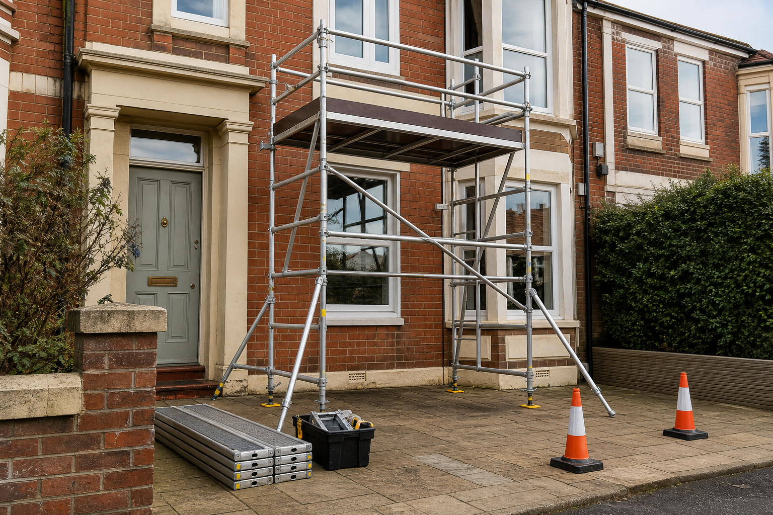 Scaffolding set up in front of a brick house with cones and equipment.
