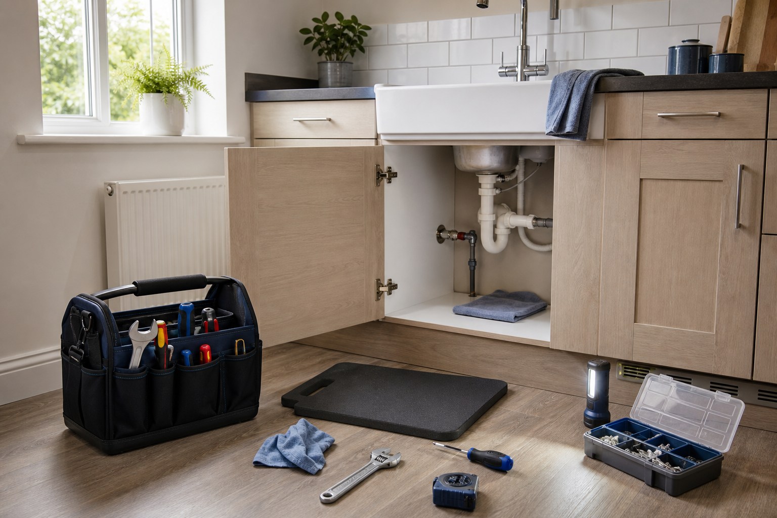 Kitchen sink repair scene with open cabinet, tools, and plumbing supplies on the floor.
