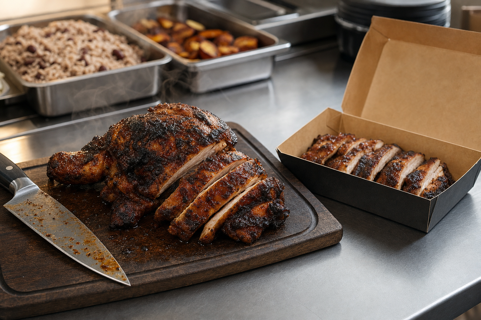 Succulent roasted meat on a chopping board with a knife, alongside sliced portions in a cardboard box.