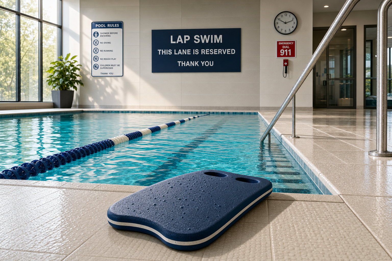 Indoor swimming pool with a reserved lane sign, kickboard, and emergency instructions on the wall.