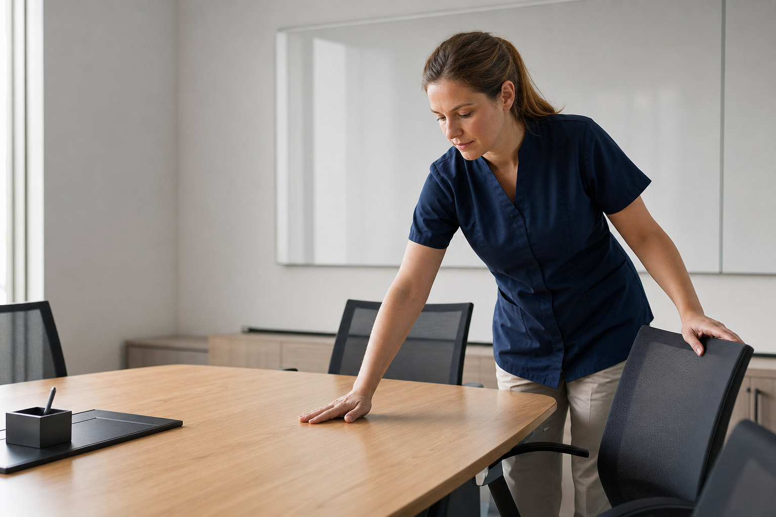 A woman in a blue uniform wipes a wooden conference table in a modern office setting.