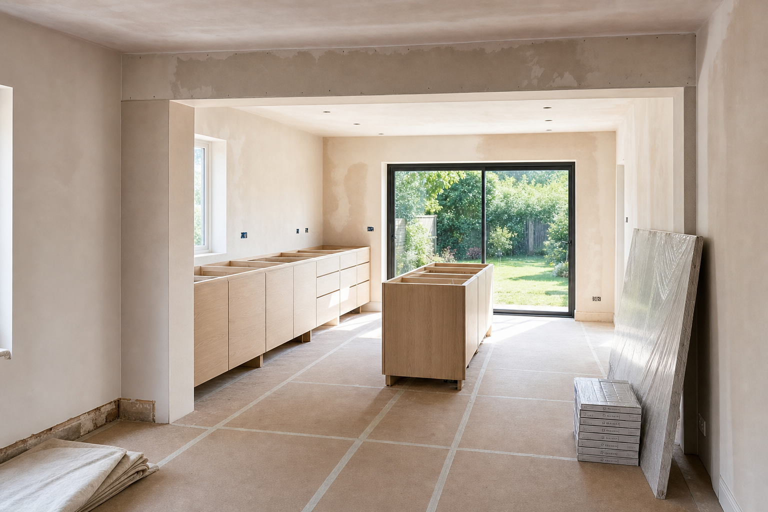 Unfinished kitchen renovation with light wood cabinets and a large sliding glass door opening to a garden.