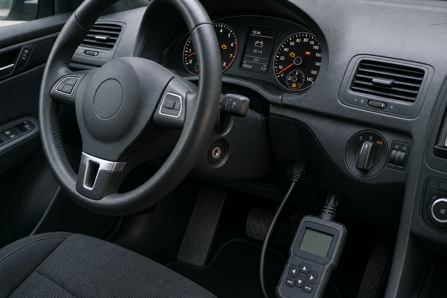 Car interior with a steering wheel and diagnostic tool connected to the dashboard.