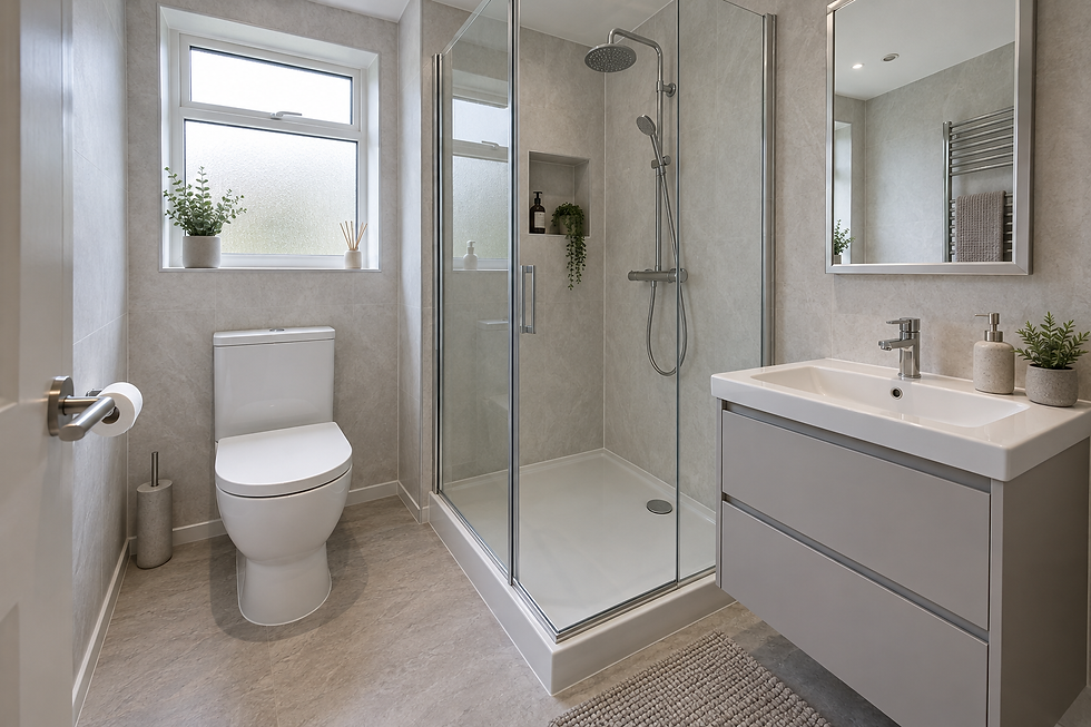 Modern bathroom with glass shower, porcelain sink, toilet, and natural light from a frosted window.