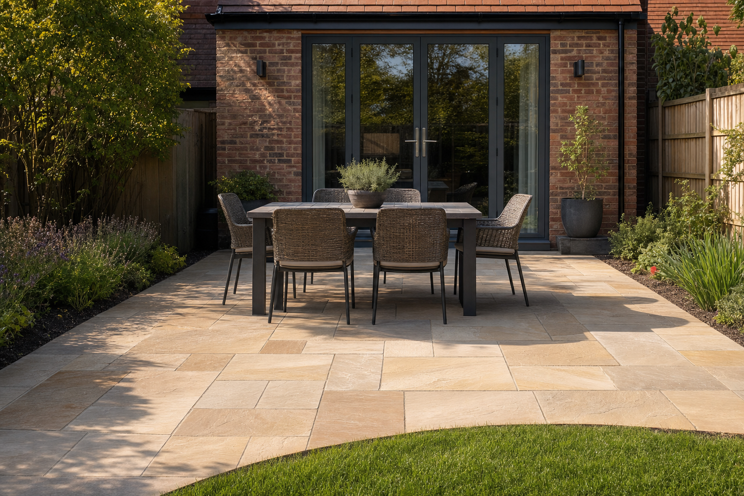 Outdoor dining area with a modern table and wicker chairs on a patio surrounded by a garden.