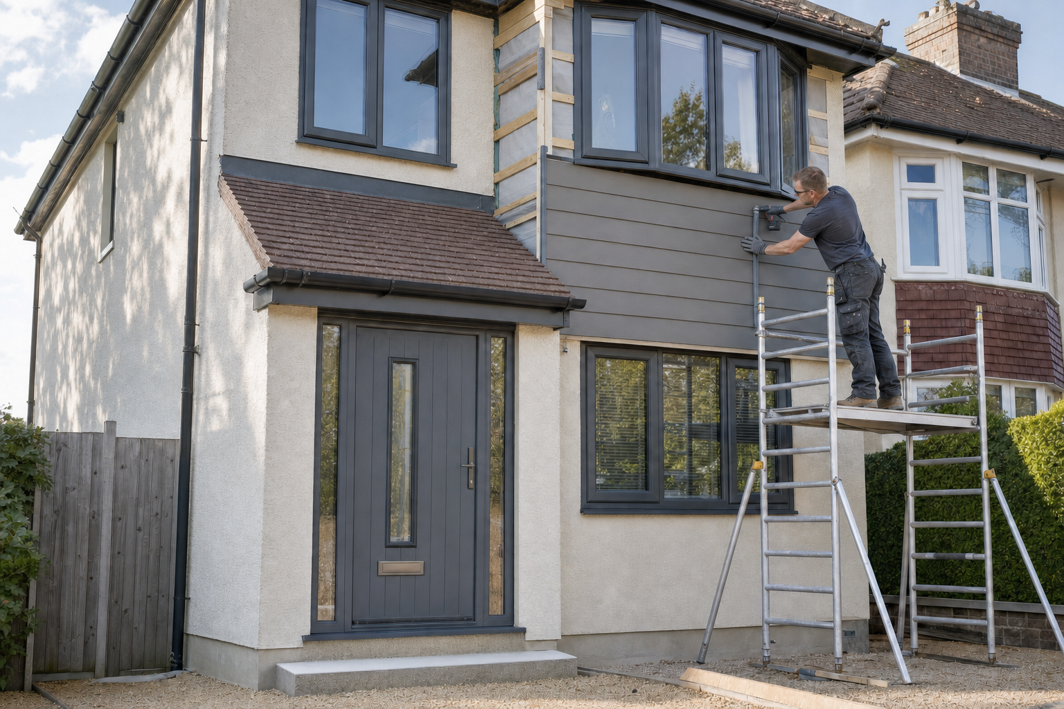 Builder on scaffolding installing cladding on a modern two-storey house.