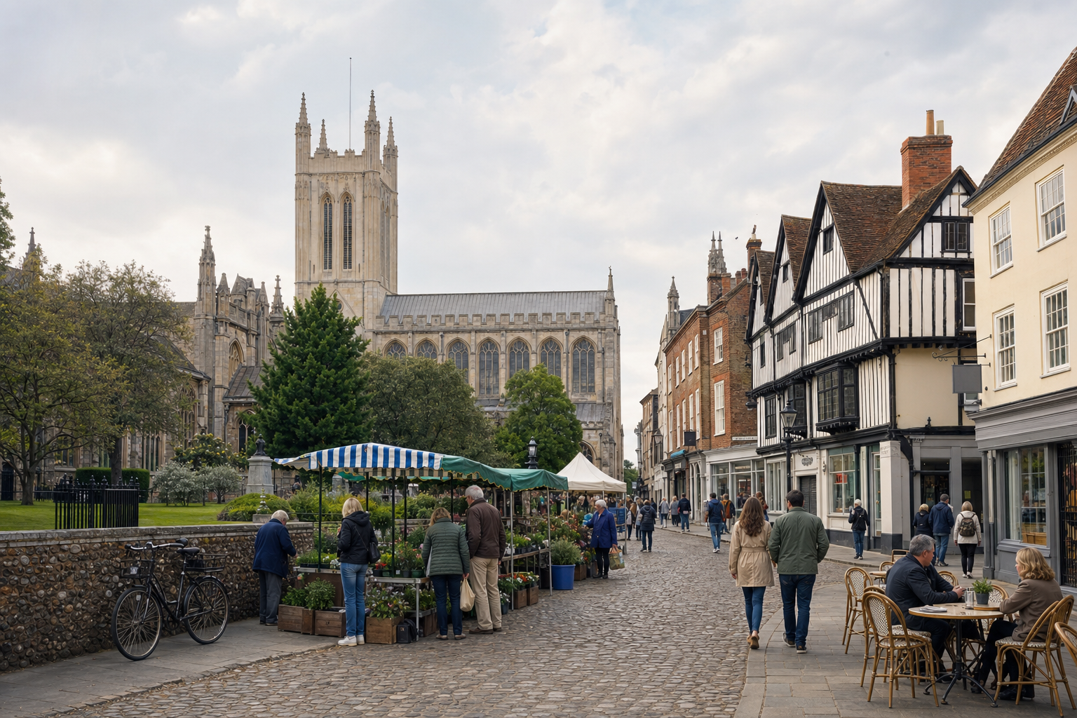 People stroll through a cobbled street market with a historic cathedral and half-timbered buildings in the background.