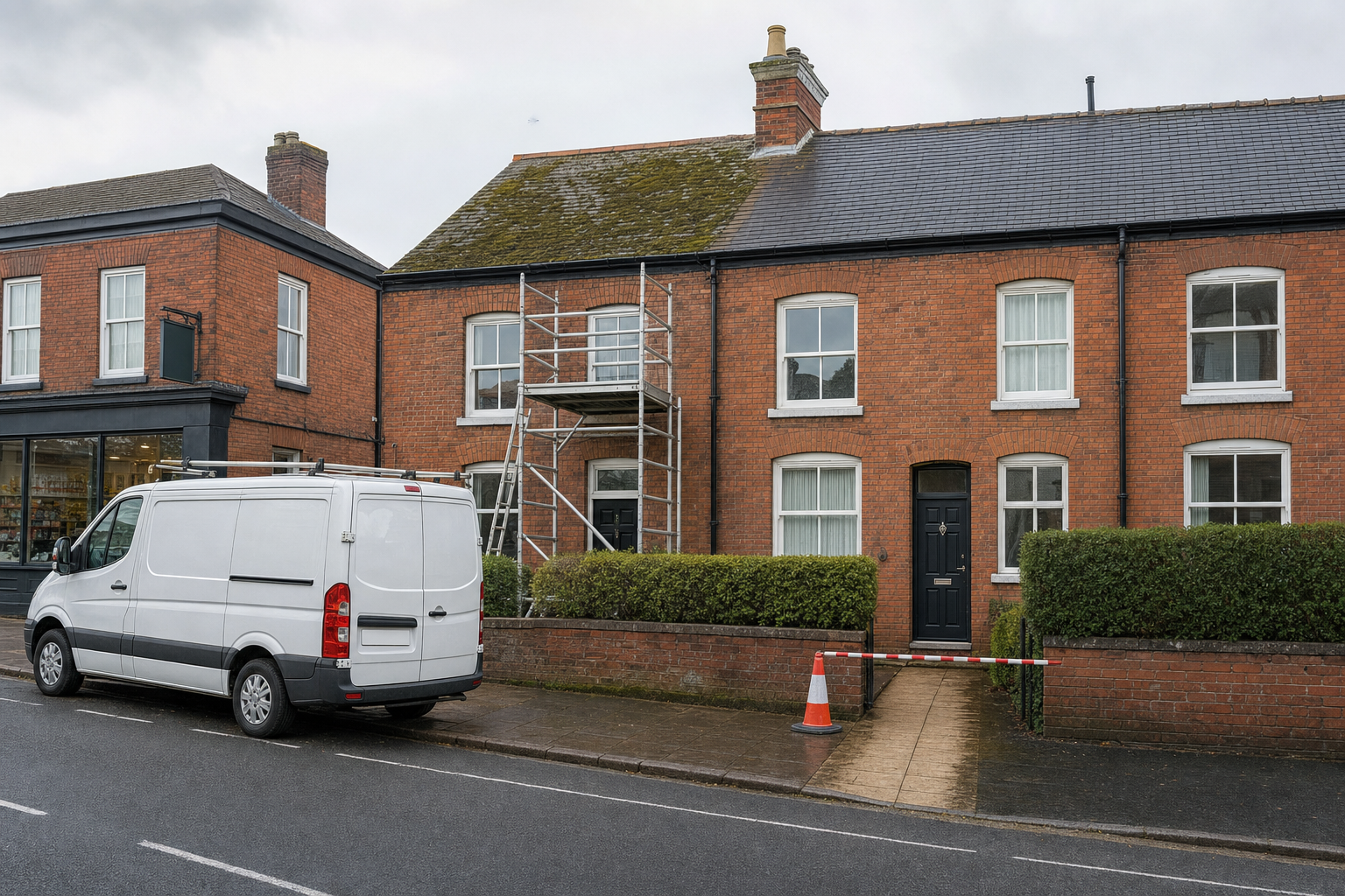A white van parked on a street beside a brick house with scaffolding and traffic cone in front.