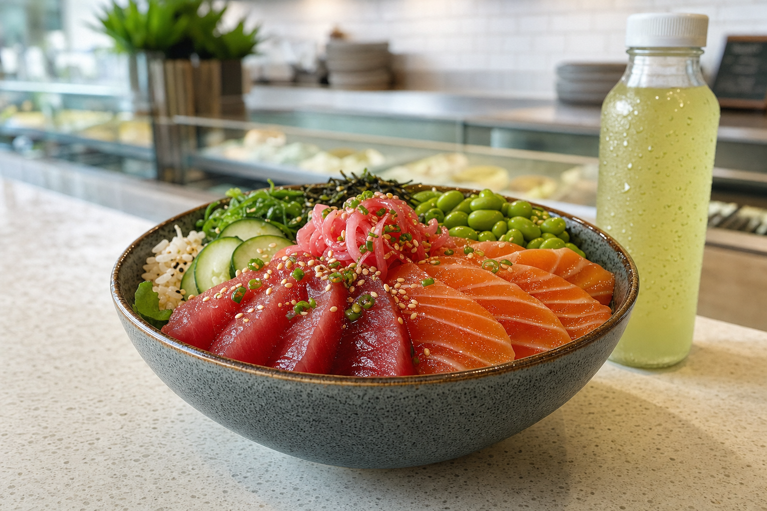 Colourful poke bowl with fresh salmon, tuna, vegetables, and edamame, served with a bottle of juice on a white countertop.