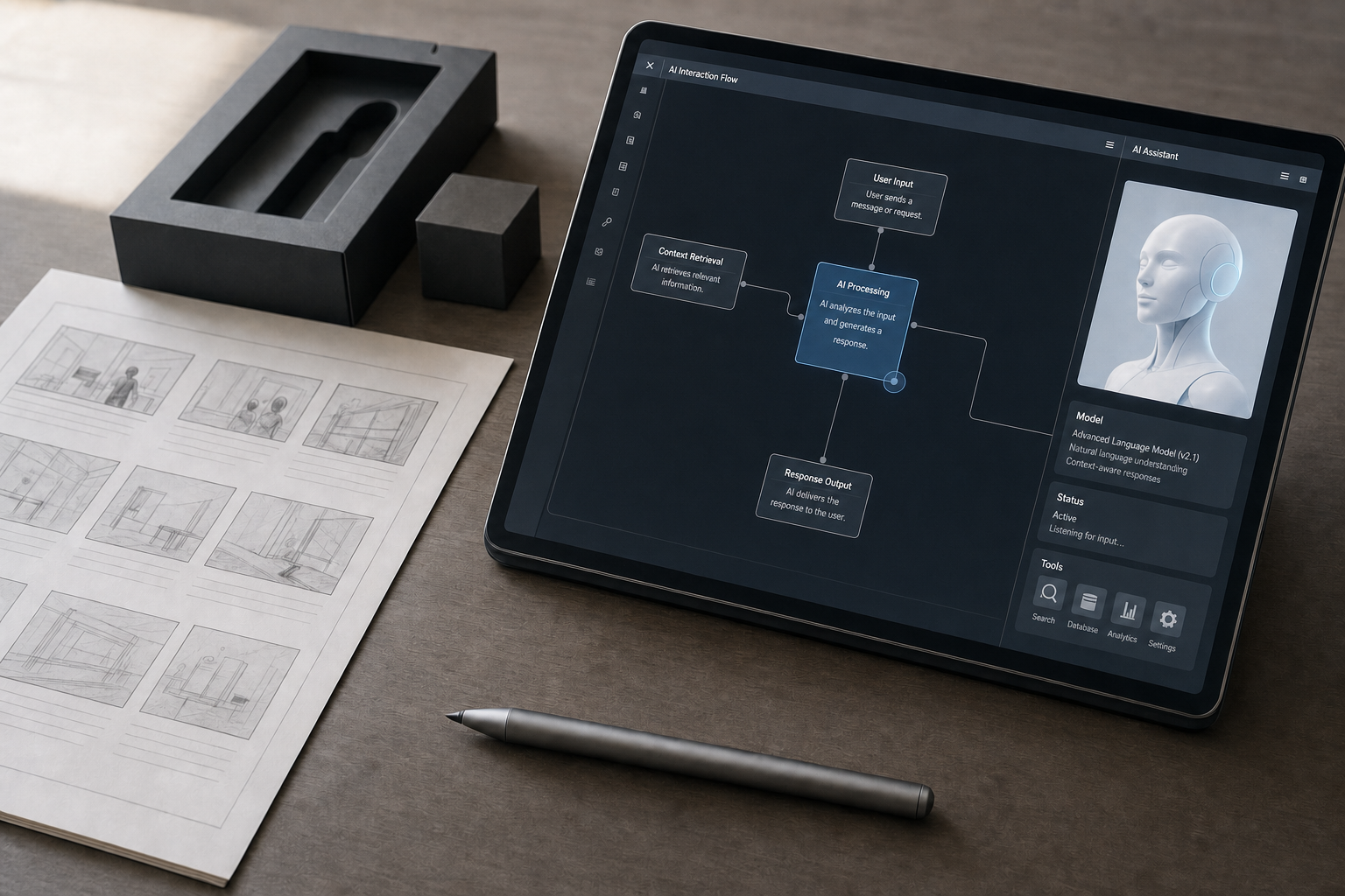 Tablet displaying an AI interaction flowchart next to storyboards, a pen, and packaging boxes on a desk.