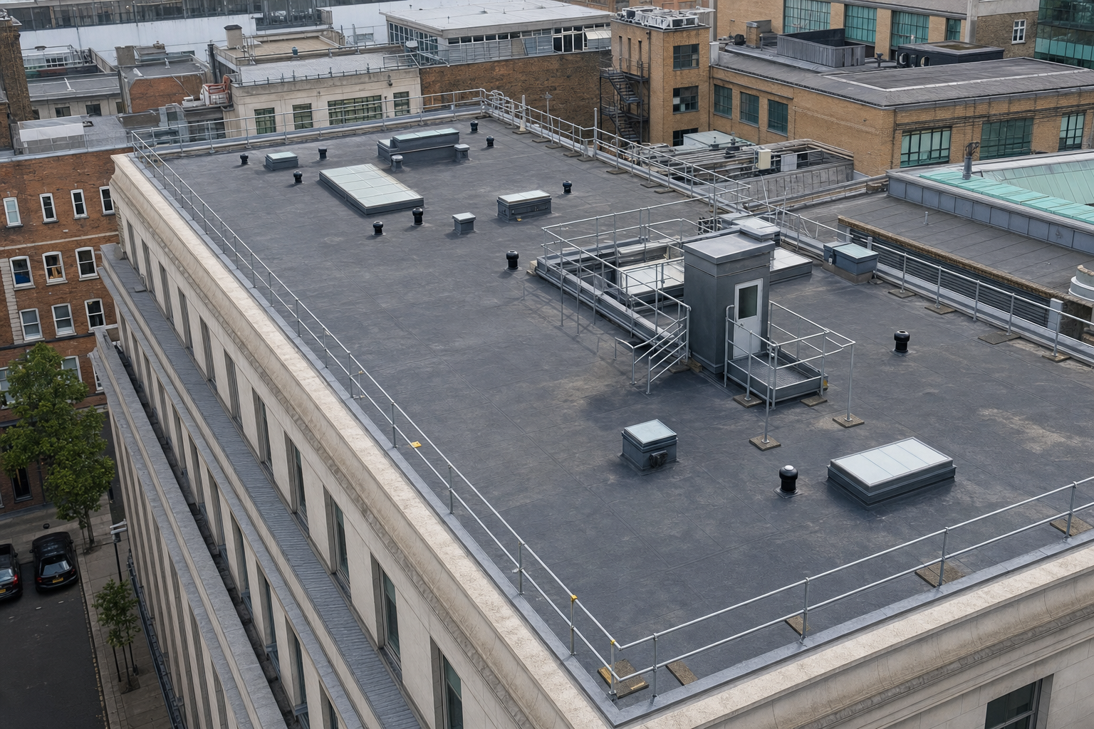 Aerial view of a flat rooftop with railings, skylights, and access structures in an urban area.